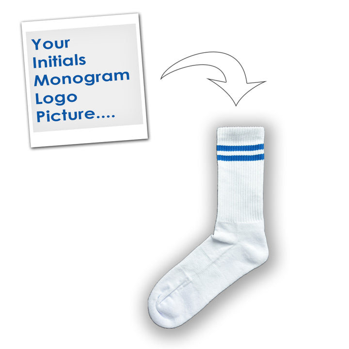 custom blue sports socks with monogram or logo or initials or image or emoticon