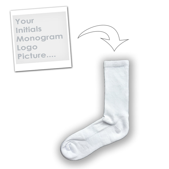 custom white sports socks with monogram or logo or initials or image or emoticon
