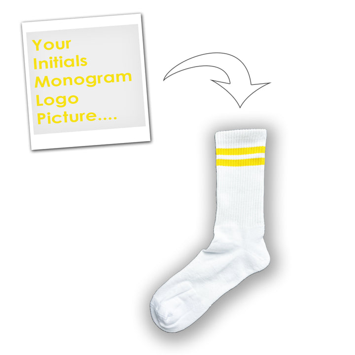 custom yellow sports socks with monogram or logo or initials or image or emoticon