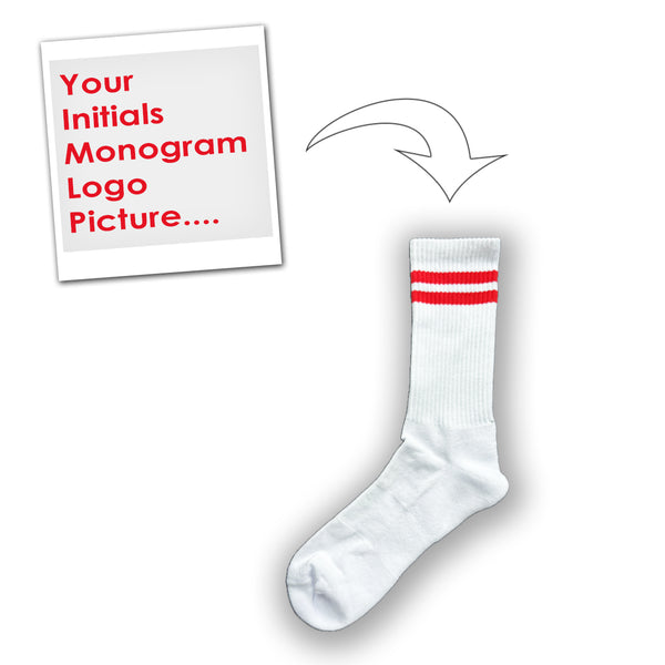 custom red sports socks with monogram or logo or initials or image or emoticon